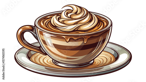 A barista’s touch created perfect milk foam art on a hot cappuccino. The glass cup reveals its creamy layers. Chocolate curls enhance the design over a white background.