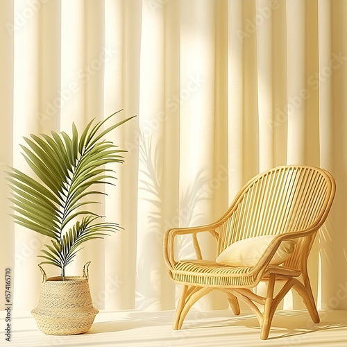 Relaxing rattan chair, sunlit room, potted plant, calming interior design, home decor inspiration