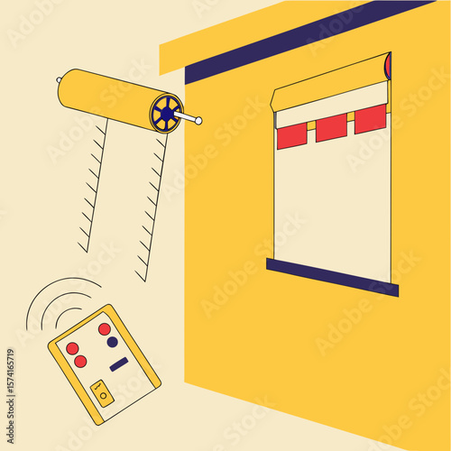 Roller shutter system with remote control on wall near window 