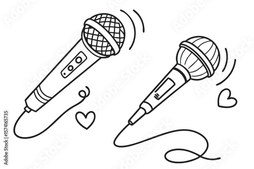 Whimsical Microphones in Black and White Line Art Featuring Hearts and Sound Waves for a Lighthearted Vibe