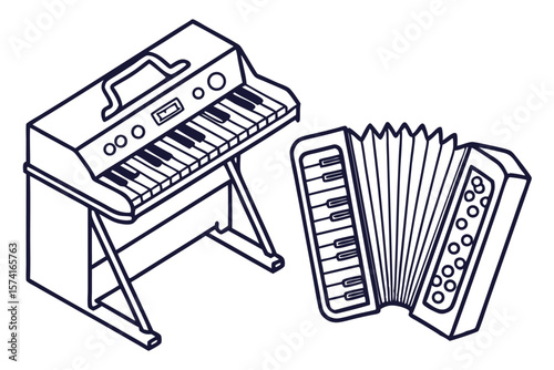Whimsical Line Art Depiction of a Keyboard and Accordion Musical Instruments with Crisp Outlines and No Background