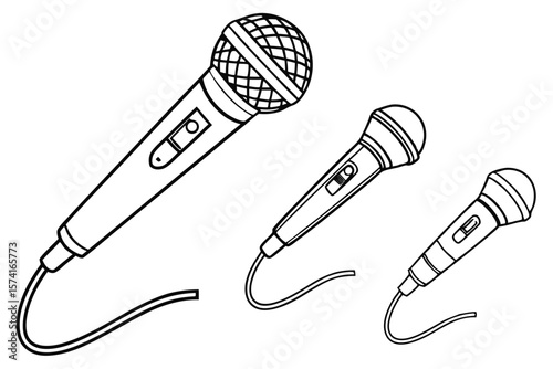 Three Stylized Microphones Depicted in Black and White Line Art with Varying Sizes and Cord Lengths
