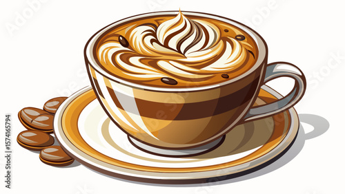 A barista’s touch created perfect milk foam art on a hot cappuccino. The glass cup reveals its creamy layers. Chocolate curls enhance the design over a white background.