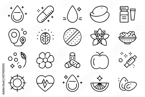 Comprehensive collection of clean modern and easily editable linear symbols representing various aspects of healthy eating and wellness perfect for digital or print applications