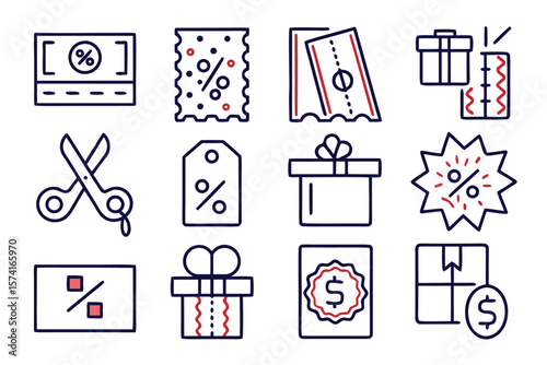Collection of clean modern line graphics representing promotional offers discounts coupons and special deals for marketing and retail purposes