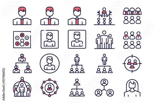 Comprehensive collection of business operations and organizational structure symbols for digital interfaces and presentations featuring clean line art