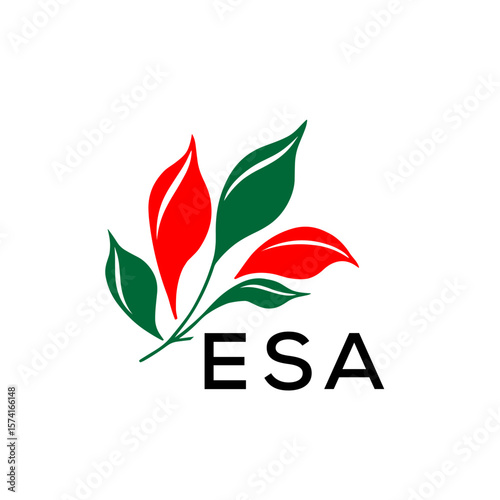 ESA Abstract Botanical Logo with Elegant Typography, ESA  Later Logo, Modern Nature Inspired Logo with Red and Green Leaves.
