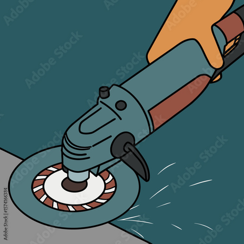 Electric angle grinder cutting metal surface in workshop setting  
