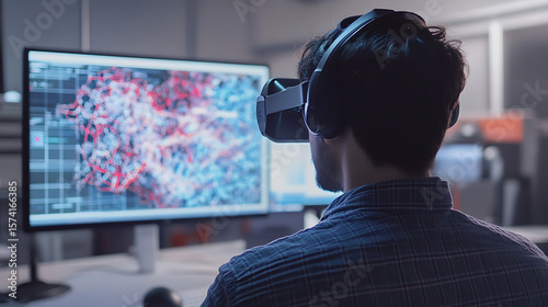A man wearing a headset is looking at a computer monitor. The monitor displays a complex graph with many lines and points. The man is focused on the screen