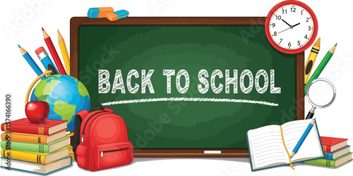 Back to school themed image with chalkboard, books, and school supplies