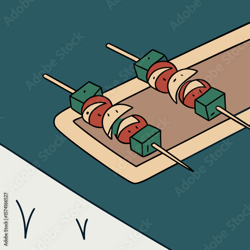 Colorful vegetable skewers arranged on wooden platter outdoors  