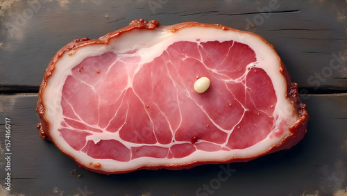 Wallpaper Mural Artisanal Cured Meat on a Rustic Wooden Background.
Gourmet Prosciutto Slice with Garlic, Top View.
Charcuterie Ingredient for Fine Dining and Delis.
 Torontodigital.ca