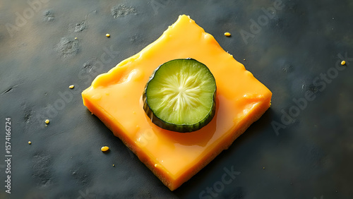 Wallpaper Mural Melted Cheese Slice with Pickle on a Dark Surface.
Vibrant Burger Ingredient, Top-Down View.
Classic Comfort Food: Cheese and Pickle Concept.
 Torontodigital.ca