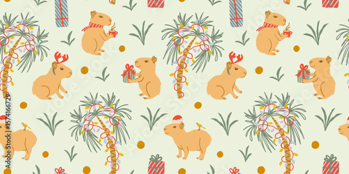 Cute Christmas capybaras on a beach under a palm tree seamless pattern. Childish background for fabric, wrapping paper, textile, wallpaper and apparel. Vector Illustration.