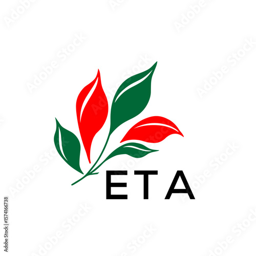 ETA Abstract Botanical Logo with Elegant Typography, ETA Later Logo, Modern Nature Inspired Logo with Red and Green Leaves.
