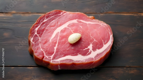 Wallpaper Mural Raw Pork Steak with Garlic on a Wooden Board.
Fresh Butcher Shop Meat Ready for Cooking.
Gourmet Food Preparation and Culinary Concept.
 Torontodigital.ca