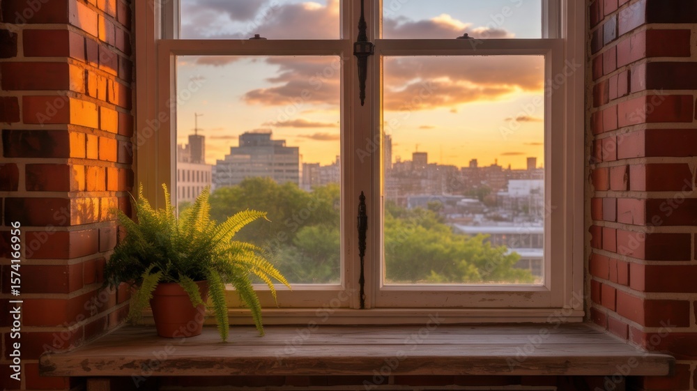 Fototapeta premium Cozy windowsill with potted plant and glowing light against sunset cityscape view