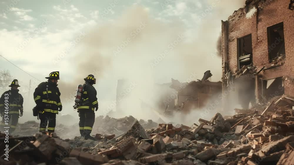 Firefighting crew evaluating structural damage following seismic event, smoke drifting from collapsed brick structure amid urban destruction and debris