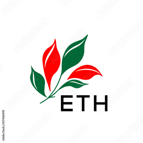 ETH Abstract Botanical Logo with Elegant Typography, ETH Later Logo, Modern Nature Inspired Logo with Red and Green Leaves.
