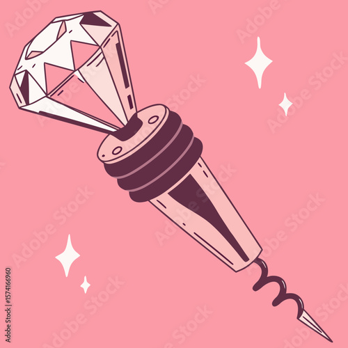 Crystal wine stopper with diamond design on pink background  