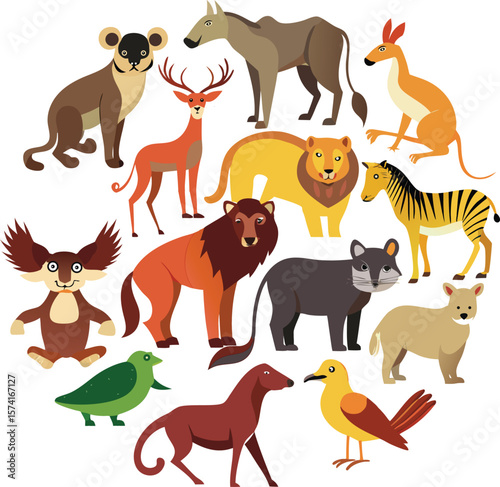 Different types of wild animals on white Background, 