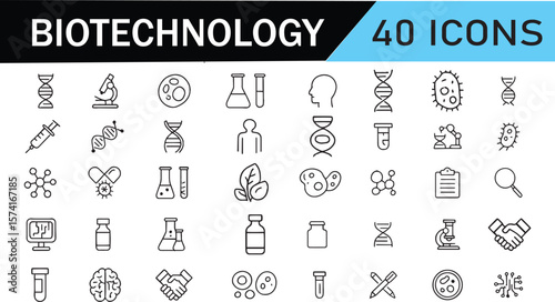 Biotechnology Icon Set – 40 Modern Line Symbols for Science, DNA & Bio Research