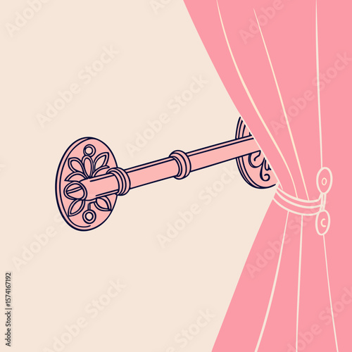 Curtain holdback with decorative design and pink fabric draping  