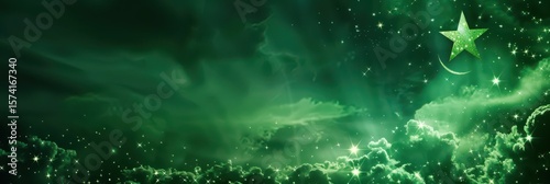 Celebrating Pakistan independence day with green star and crescent theme. Horizontal banner. Copy space. Free space for text