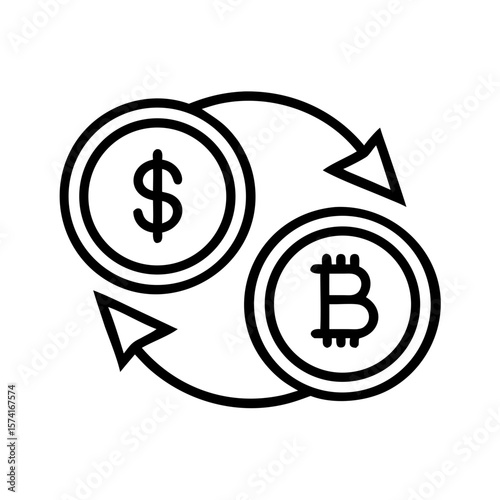Circular arrows connecting dollar and bitcoin symbols for exchange  