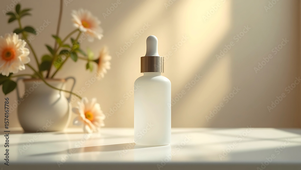 Minimalist frosted glass dropper bottle with gold accent sits on a white surface with soft floral arrangement and warm sunlight Minimalist frosted glass dropper bottle with gold accent sits on a white surface with soft floral arrangement and warm sunlight
