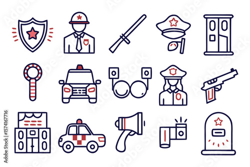 Professional line style collection of law enforcement symbols and emblems for digital and print applications featuring diverse public safety graphics