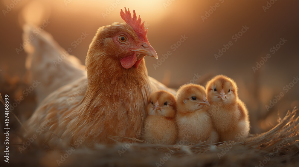 Fototapeta premium Hen with chicks under warm midday sun