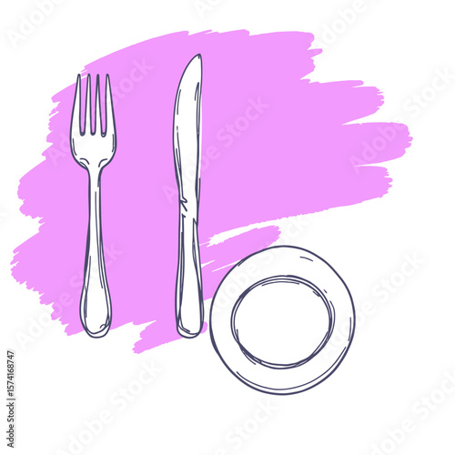  A dynamic hand-drawn sketch of fork, knife, spoon, and plate set icons