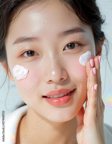 Happy woman applying face cream close-up