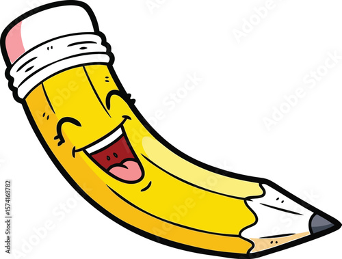 Cartoon illustration of a smiling yellow pencil with a pink eraser top