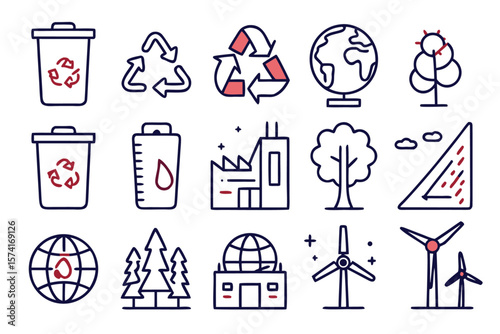 Collection of circular recycling symbols and environmental protection icons in multiple colors for sustainable design projects