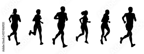 Silhouettes of various people running in different poses. Perfect for fitness, sports, marathon, training, and health-themed projects. Vector shapes on transparent background.