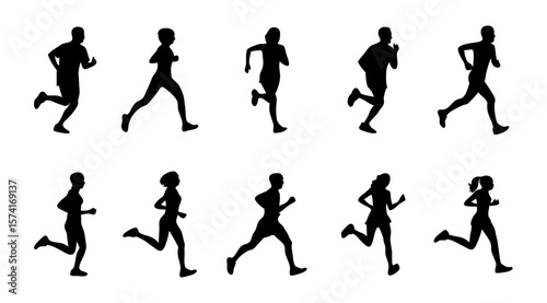 Silhouettes of various people running in different poses. Perfect for fitness, sports, marathon, training, and health-themed projects. Vector shapes on transparent background.