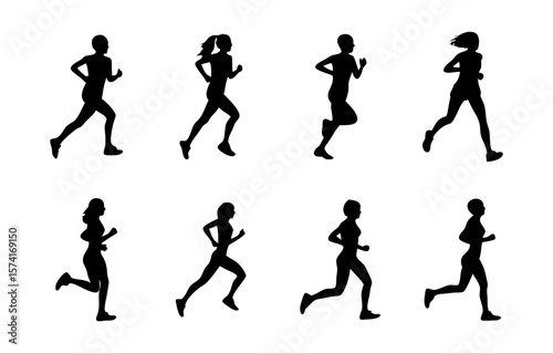Silhouettes of various people running in different poses. Perfect for fitness, sports, marathon, training, and health-themed projects. Vector shapes on transparent background.