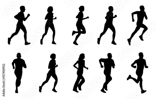 Silhouettes of various people running in different poses. Perfect for fitness, sports, marathon, training, and health-themed projects. Vector shapes on transparent background.