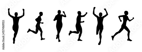 Silhouettes of various people running in different poses. Perfect for fitness, sports, marathon, training, and health-themed projects. Vector shapes on transparent background.