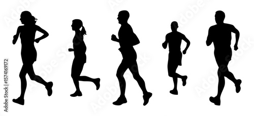 Silhouettes of various people running in different poses. Perfect for fitness, sports, marathon, training, and health-themed projects. Vector shapes on transparent background.