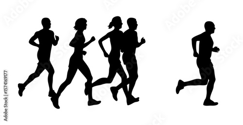 Silhouettes of various people running in different poses. Perfect for fitness, sports, marathon, training, and health-themed projects. Vector shapes on transparent background.