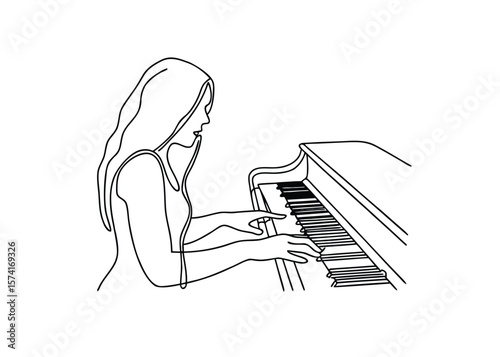 Elegant One-Line Art Drawing of Woman Playing Piano
