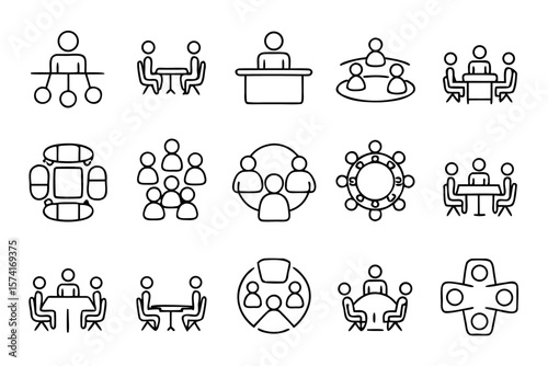 Collection of business meeting and collaboration symbols featuring round tables and seating arrangements in a professional palette