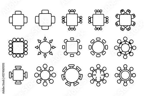 Collection of business themed graphic elements featuring round tables and seating arrangements for professional presentations and corporate communications