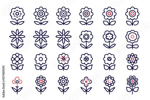 A collection of floral elements showcasing diverse blooms with varying colors sizes and arrangements presented as a cohesive graphic set