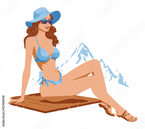 Elegant Young Woman in Bikini Relaxing on Deck with Mountain Background