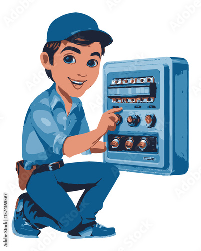 Young Cartoon Electrician Adjusting Control Panel with Manual Tools