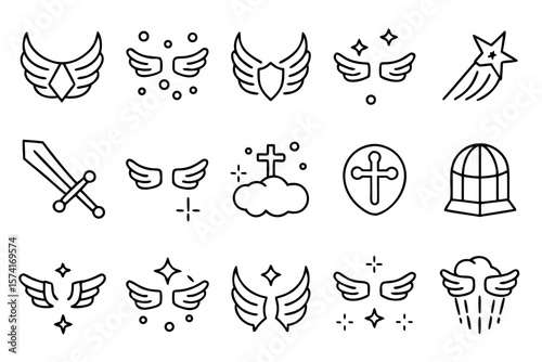 Collection of stylized wing designs featuring a sketchy aesthetic with celestial and angelic motifs perfect for emblems and decorative elements